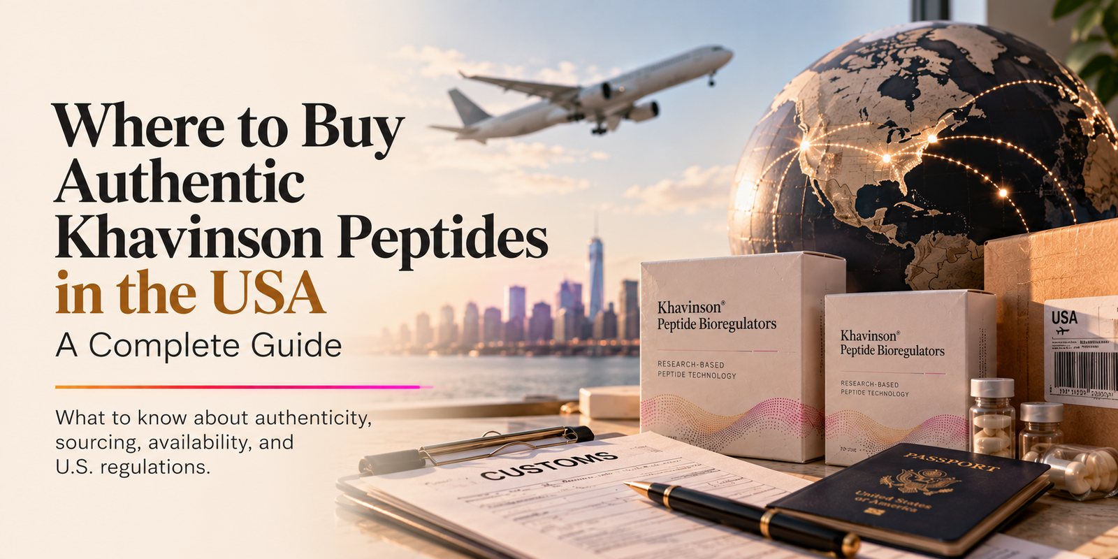 Supplement boxes, a passport and customs paperwork beside a globe and a city skyline, with the title: Where to Buy Authentic Khavinson Peptides in the USA: A Complete Guide