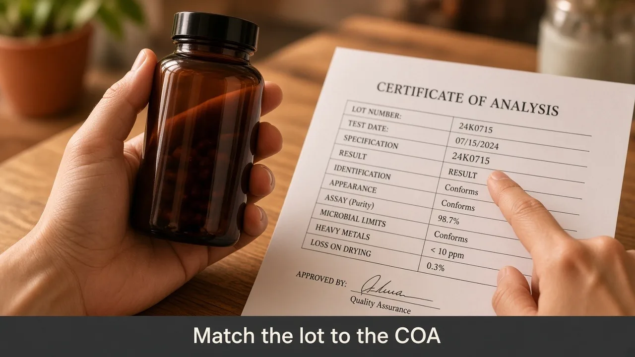 A hand holds a supplement bottle beside a printed Certificate of Analysis, with a fingertip on the lot number. Caption: Match the lot to the COA.