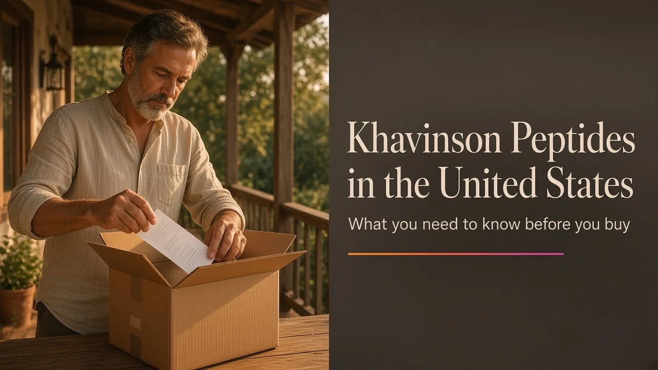 A man on his front porch opens a shipping box and reads the documentation inside, with the text: Khavinson Peptides in the United States: What you need to know before you buy.