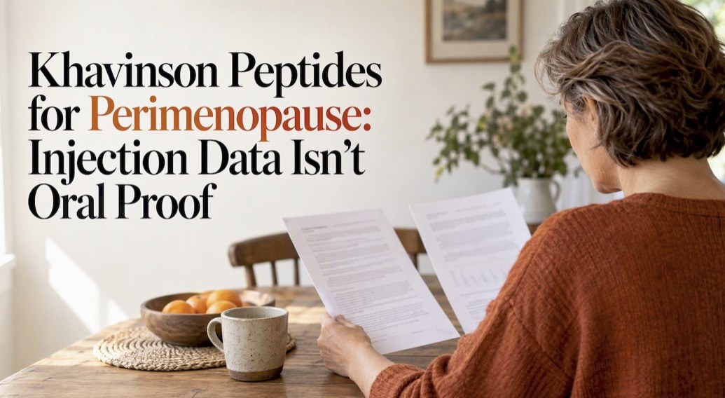 A woman with short hair in a rust sweater reads printed research papers at a sunlit kitchen table, beside a mug and a bowl of oranges, with the title: Khavinson Peptides for Perimenopause: Injection Data Isn't Oral Proof