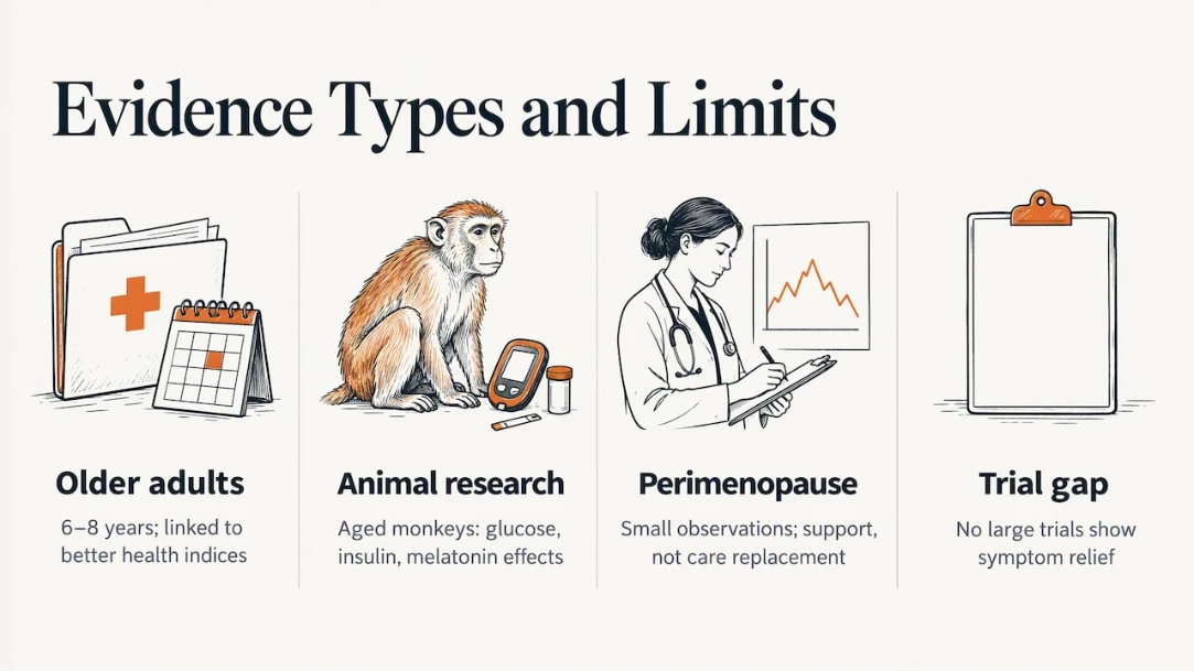 Evidence Types and Limits infographic with four panels: Older adults (6–8 years; linked to better health indices); Animal research (aged monkeys: glucose, insulin, melatonin effects); Perimenopause (small observations; support, not care replacement); Trial gap (no large trials show symptom relief).