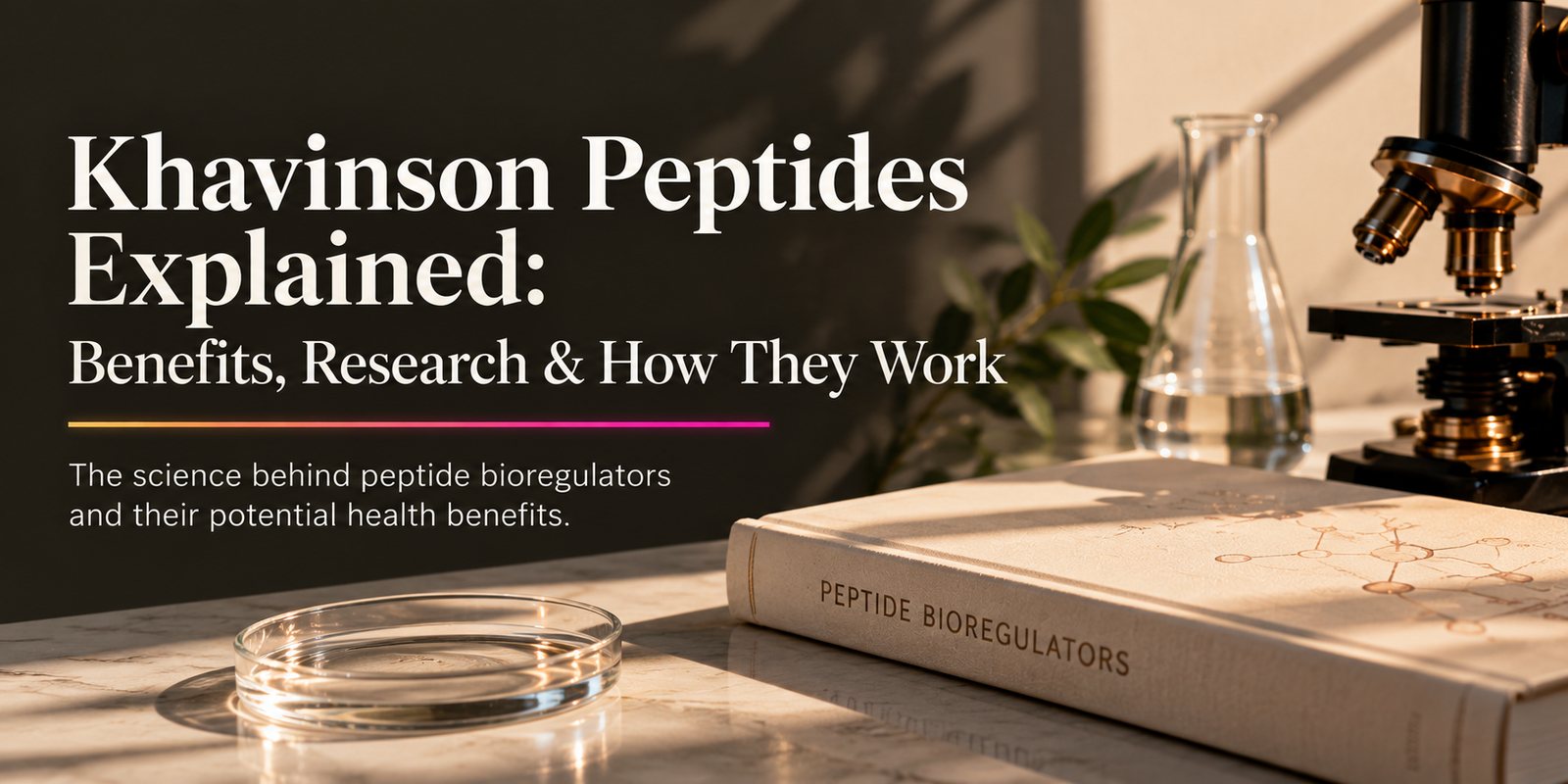 A sunlit lab bench with a microscope, flask and a book labeled Peptide Bioregulators, with the title: Khavinson Peptides Explained: Benefits, Research & How They Work