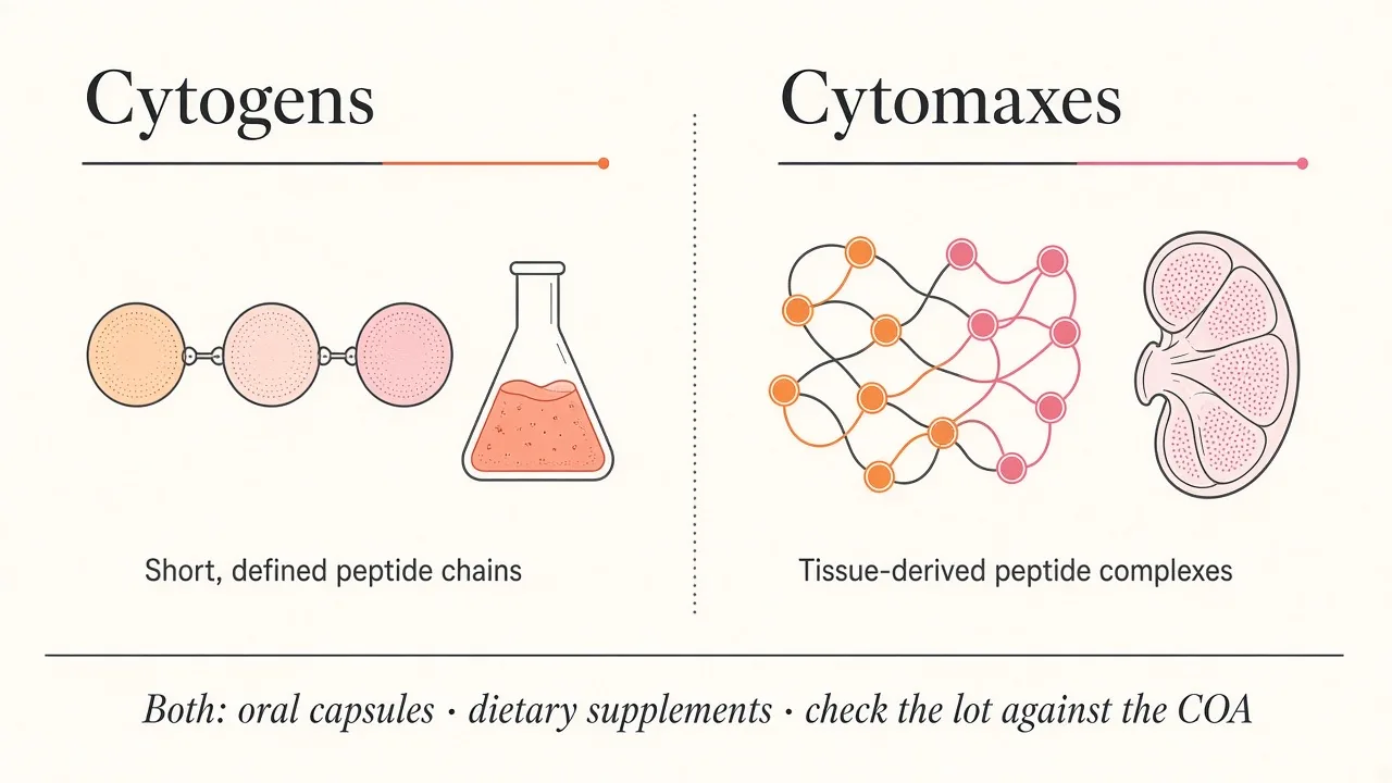 Conceptual illustration comparing Cytogens (short, defined peptide chains made in a lab) with Cytomaxes (tissue-derived peptide complexes). Both: oral capsules, dietary supplements, check the lot against the COA.