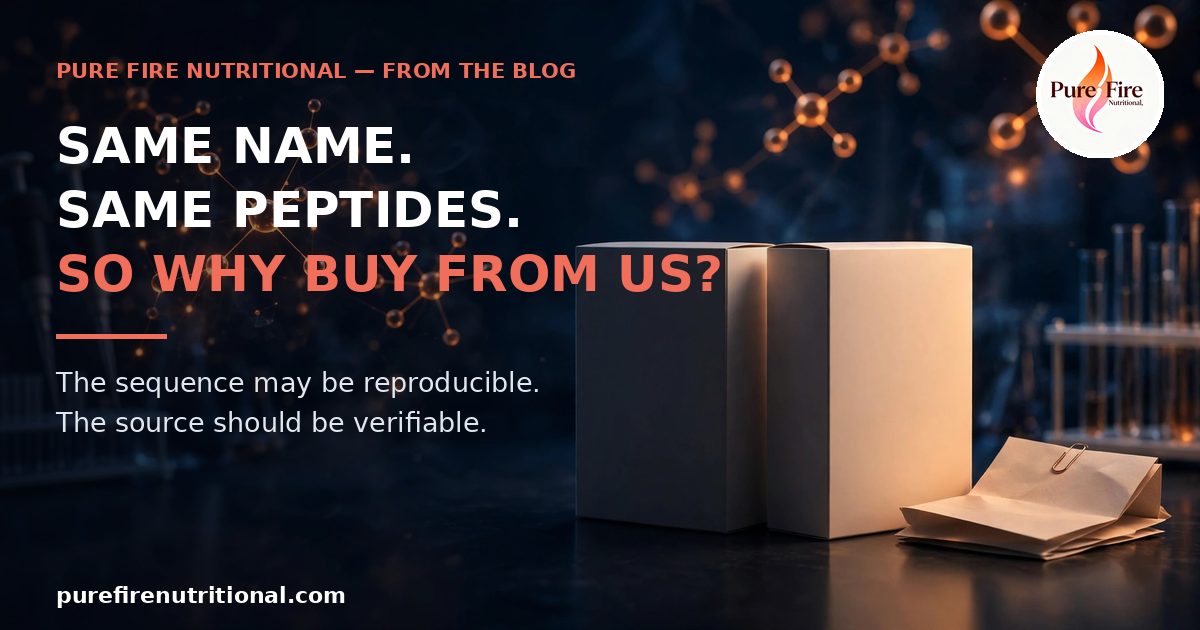 Two plain product boxes and folded paperwork on a dark lab bench under glowing molecule models, with the title: Same Name. Same Peptides. So Why Buy From Us? The sequence may be reproducible. The source should be verifiable.